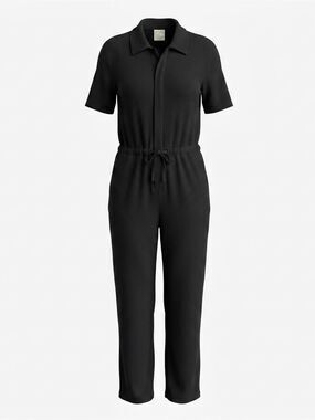 For Days Black Ribbed Short-Sleeve Collared Jumpsuit with Drawstring XL